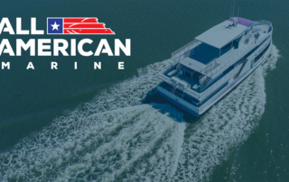 Brand hero with the All American Marine logo on the left and a white boat cruising on teal water to the right.