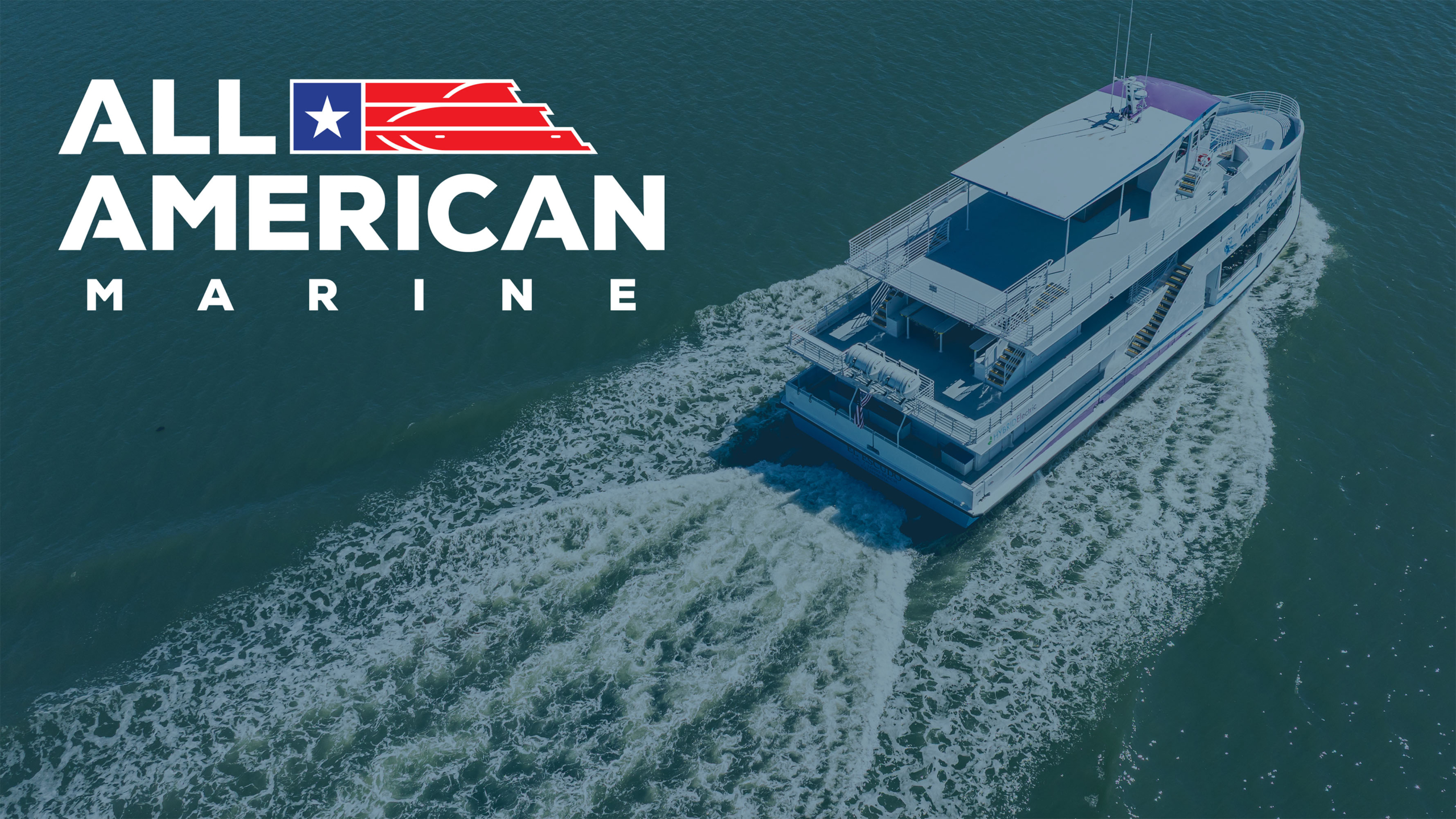 Brand hero with the All American Marine logo on the left and a white boat cruising on teal water to the right.
